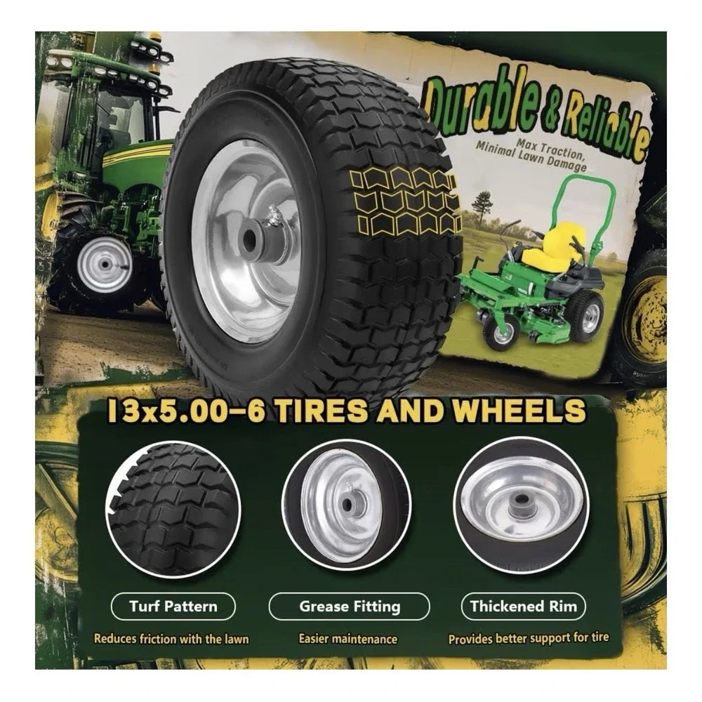 2 Pack 13X5.00-6 Flat Free Tire and Wheel Assembly, Solid Lawn Mower Front Tir